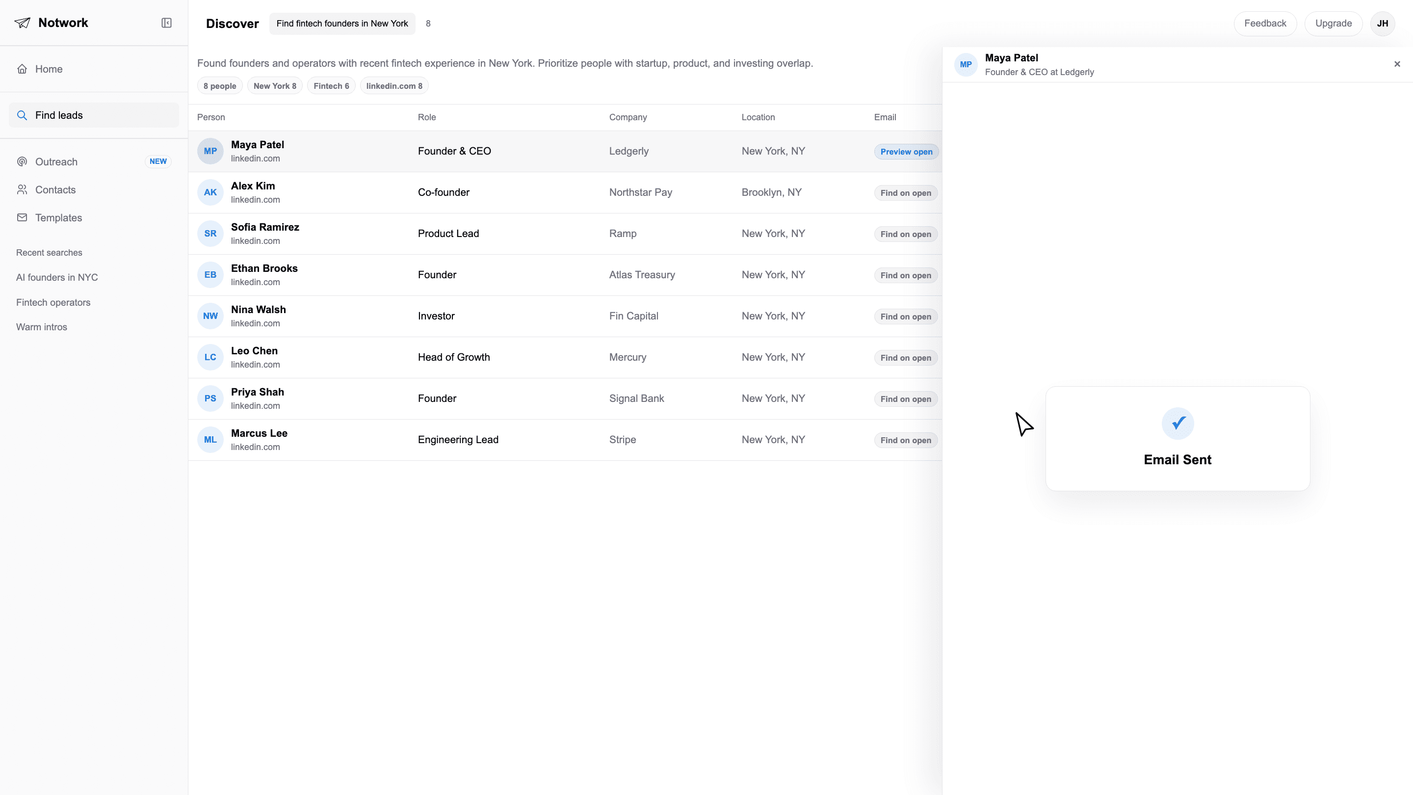 Notwork product demo showing a people search with an email preview and tracking confirmation